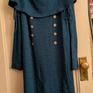 Teal Ribbed Sweater Dress with Button Accents